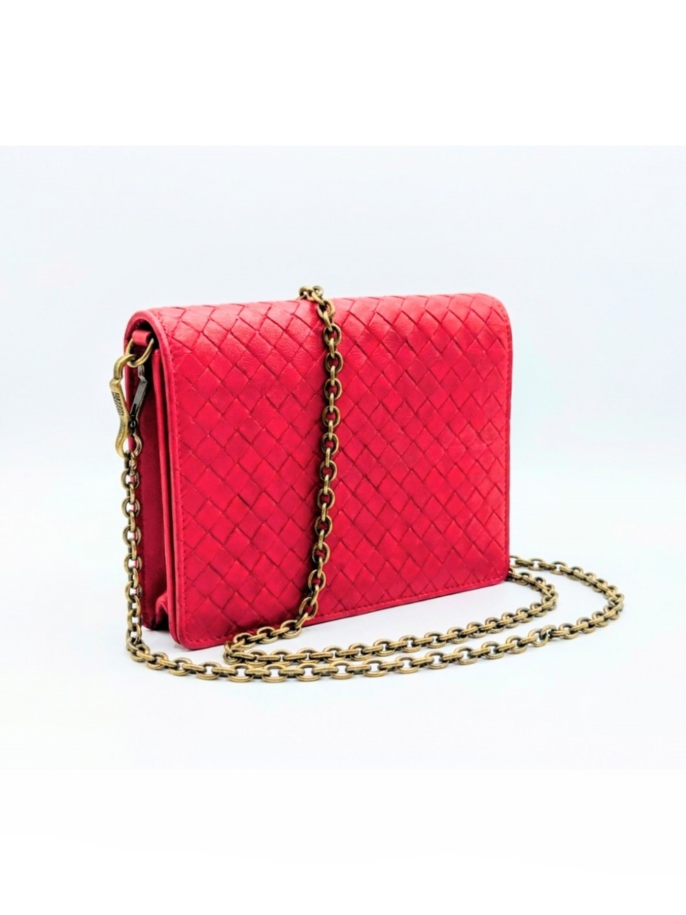 Bottega Veneta Red Intrecciato Leather Crossbody with Gold Chain